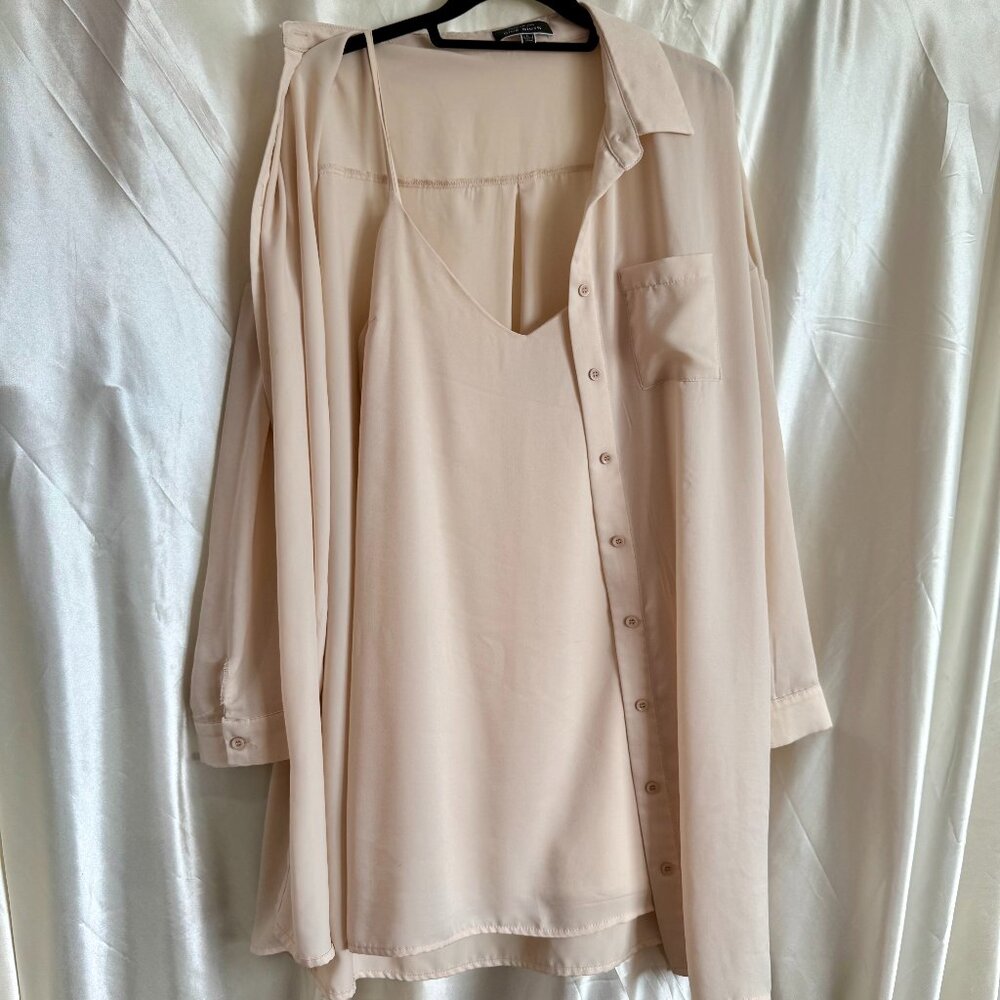 Blue Blush Two-Piece Satin Slip Dress & Oversized Shirt Set L Blush Pink Nude